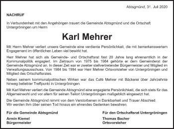 Traueranzeige von Karl Mehrer von Schwäbische Post