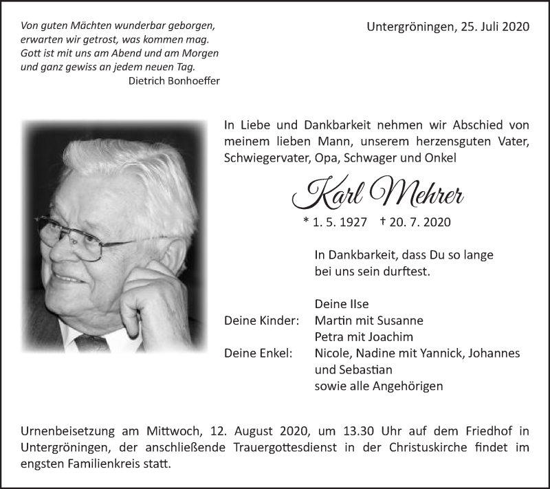  Traueranzeige für Karl Mehrer vom 25.07.2020 aus Schwäbische Post