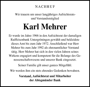 Traueranzeige von Karl Mehrer von Kocher-Lein-Bote