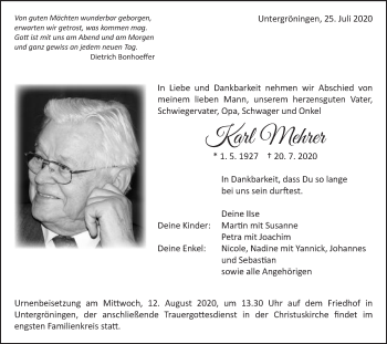 Traueranzeige von Karl Mehrer von Schwäbische Post