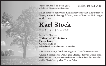 Traueranzeige von Karl Stock von Schwäbische Post