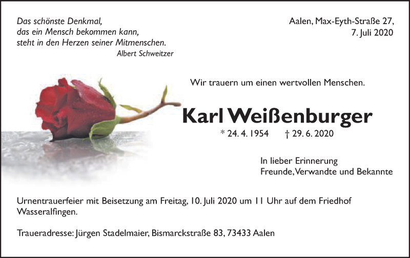  Traueranzeige für Karl Weißenburger vom 07.07.2020 aus Schwäbische Post