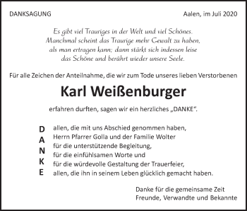 Traueranzeige von Karl Weißenburger von Schwäbische Post