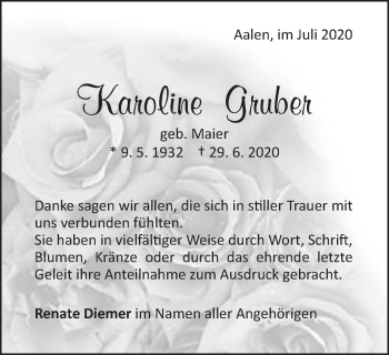 Traueranzeige von Karoline Gruber von Schwäbische Post