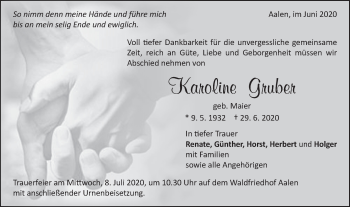 Traueranzeige von Karoline Gruber von Schwäbische Post