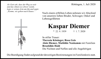 Traueranzeige von Kaspar Diemer von Schwäbische Post