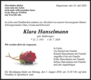 Traueranzeige von Klara Hanselmann von Gmünder Tagespost