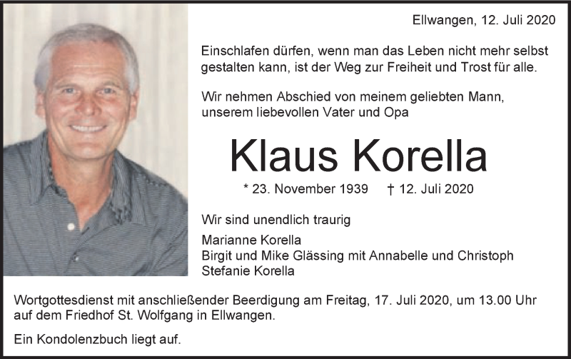  Traueranzeige für Klaus Korella vom 14.07.2020 aus Schwäbische Post