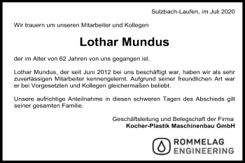 Traueranzeige von Lothar Mundus von Schwäbische Post