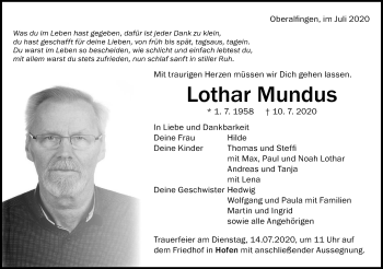 Traueranzeige von Lothar Mundus von Schwäbische Post