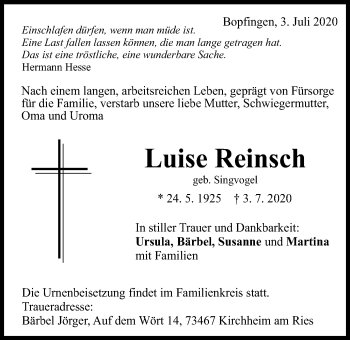 Traueranzeige von Luise Reinsch von Schwäbische Post