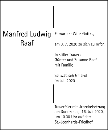 Traueranzeige von Manfred Ludwig Raaf von Gmünder Tagespost