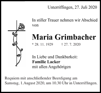 Traueranzeige von Maria Grimbacher von Schwäbische Post