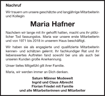 Traueranzeige von Maria Hafner von Schwäbische Post
