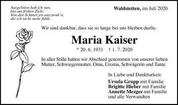 Traueranzeige von Maria Kaiser von Gmünder Tagespost
