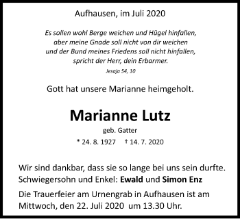 Traueranzeige von Marianne Lutz von Schwäbische Post