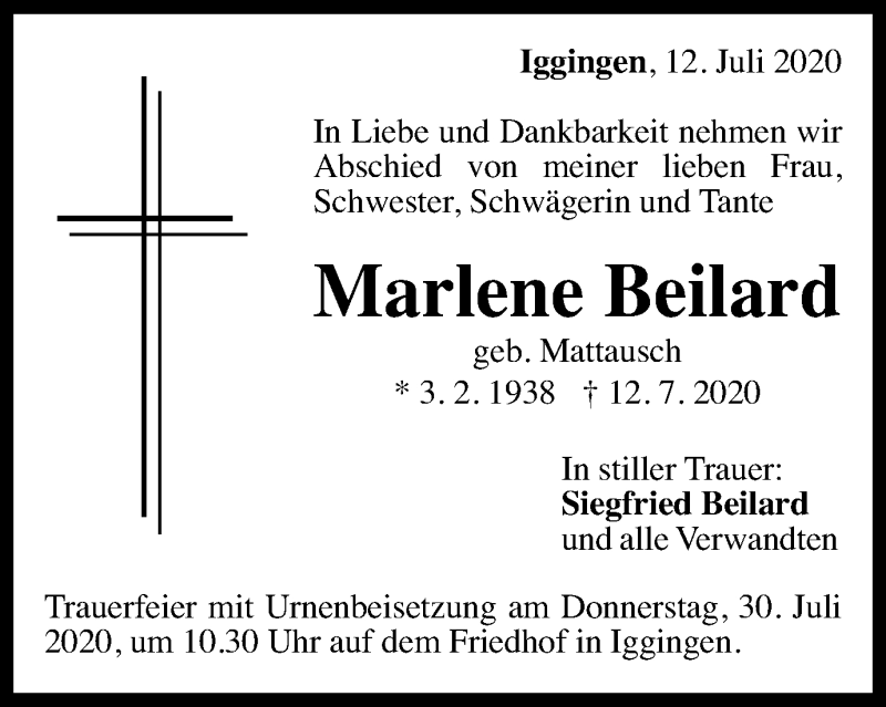  Traueranzeige für Marlene Beilard vom 23.07.2020 aus Gmünder Tagespost
