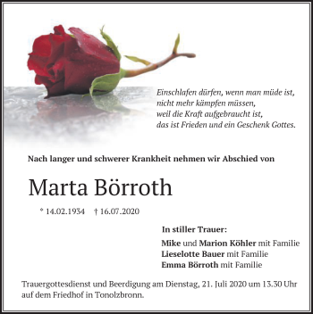 Traueranzeige von Marta Börroth von Gmünder Tagespost