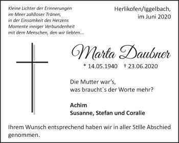 Traueranzeige von Marta Daubner von Gmünder Tagespost