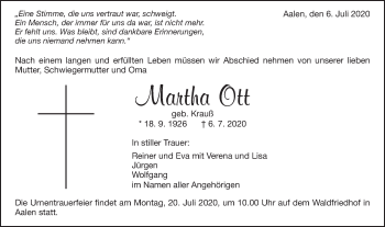 Traueranzeige von Martha Ott von Schwäbische Post