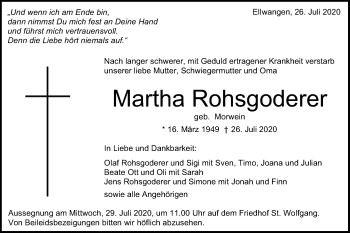 Traueranzeige von Martha Rohsgoderer von Schwäbische Post