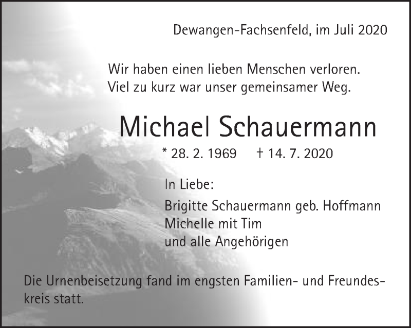  Traueranzeige für Michael Schauermann vom 29.07.2020 aus Schwäbische Post