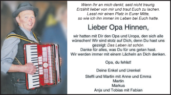 Traueranzeige von Opa Hinnen  von Schwäbische Post