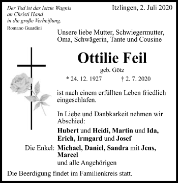 Traueranzeige von Ottilie Feil von Schwäbische Post