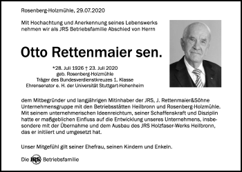Traueranzeige von Otto Rettenmaier von Schwäbische Post