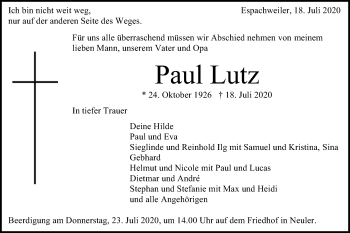 Traueranzeige von Paul Lutz von Schwäbische Post