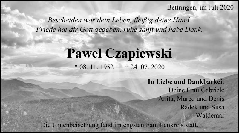 Traueranzeige für Pawel Czapiewski vom 29.07.2020 aus Gmünder Tagespost