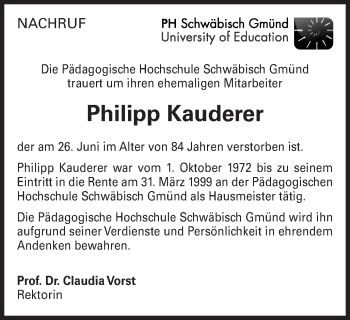 Traueranzeige von Philipp Kauderer von Gmünder Tagespost