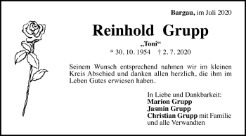 Traueranzeige von Reinhold Grupp von Gmünder Tagespost