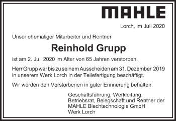 Traueranzeige von Reinhold Grupp von Gmünder Tagespost