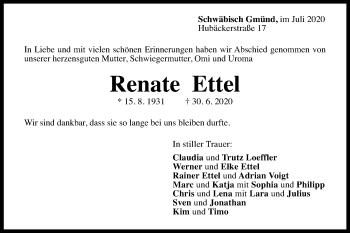 Traueranzeige von Renate Ettel von Gmünder Tagespost