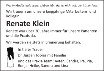 Traueranzeige von Renate Klein von Gmünder Tagespost