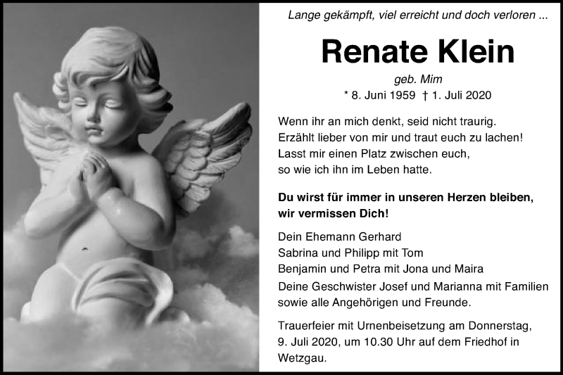  Traueranzeige für Renate Klein vom 06.07.2020 aus Gmünder Tagespost