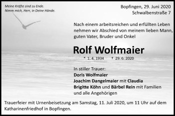 Traueranzeige von Rolf Wolfmaier von Schwäbische Post