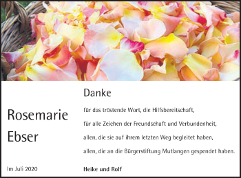 Traueranzeige von Rosemarie Ebser von Gmünder Tagespost