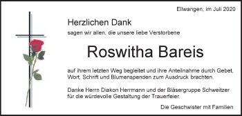 Traueranzeige von Roswitha Bareis von Schwäbische Post