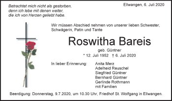 Traueranzeige von Roswitha Bareis von Schwäbische Post