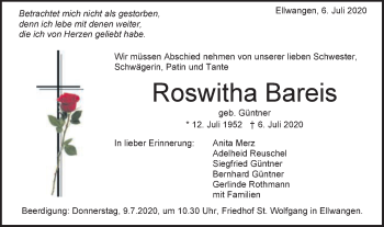 Traueranzeige von Roswitha Bareis