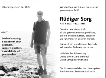 Traueranzeige von Rüdiger Sorg von Schwäbische Post