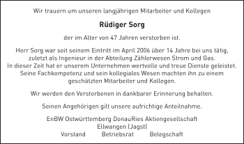 Traueranzeige von Rüdiger Sorg von Schwäbische Post