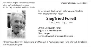 Traueranzeige von Siegfried Forell von Schwäbische Post