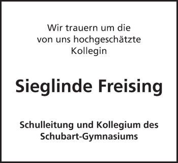 Traueranzeige von Sieglinde Freising von Schwäbische Post