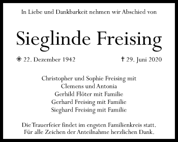 Traueranzeige von Sieglinde Freising von Schwäbische Post