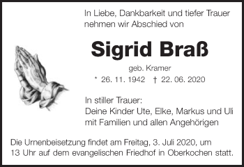 Traueranzeige von Sigrid Braß von Schwäbische Post