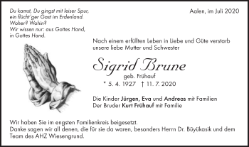 Traueranzeige von Sigrid Brune  von Schwäbische Post
