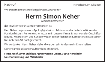 Traueranzeige von Simon Neher von Schwäbische Post